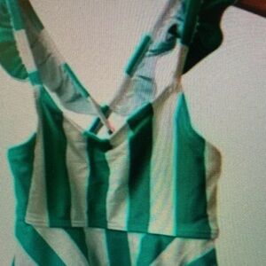 Green and White Striped Kids Swimsuit